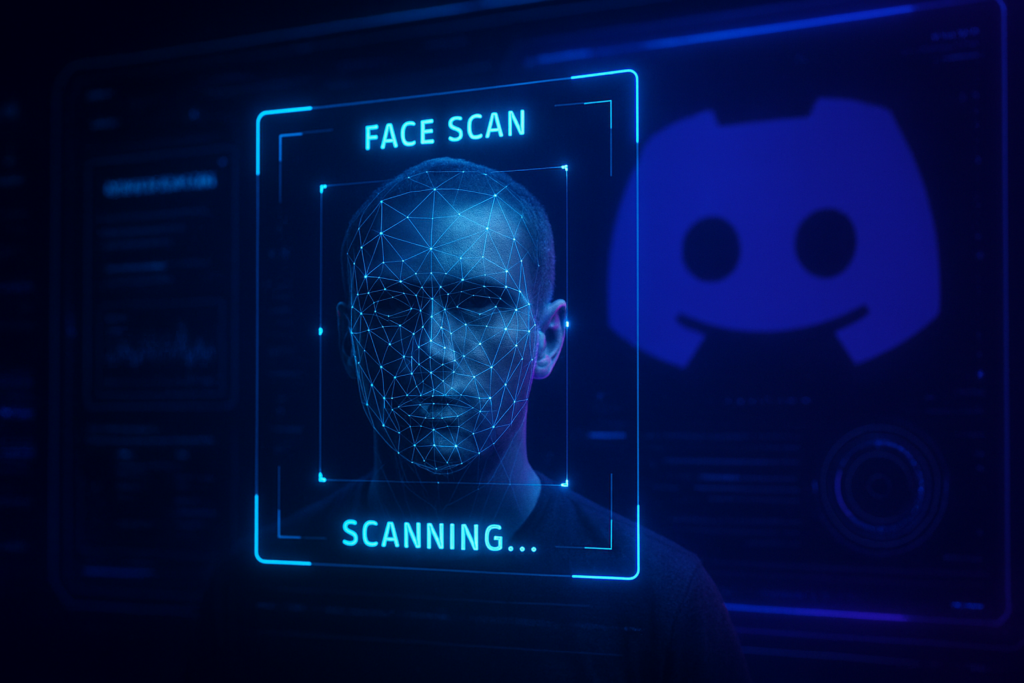 An illustration of a biometric face scan interface with a Discord logo