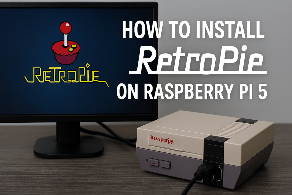 How to Install RetroPie on Raspberry Pi 5 (Full Guide + Commands) Raspberry Pi 5 inside a retro NES‑style case with RetroPie logo overlay