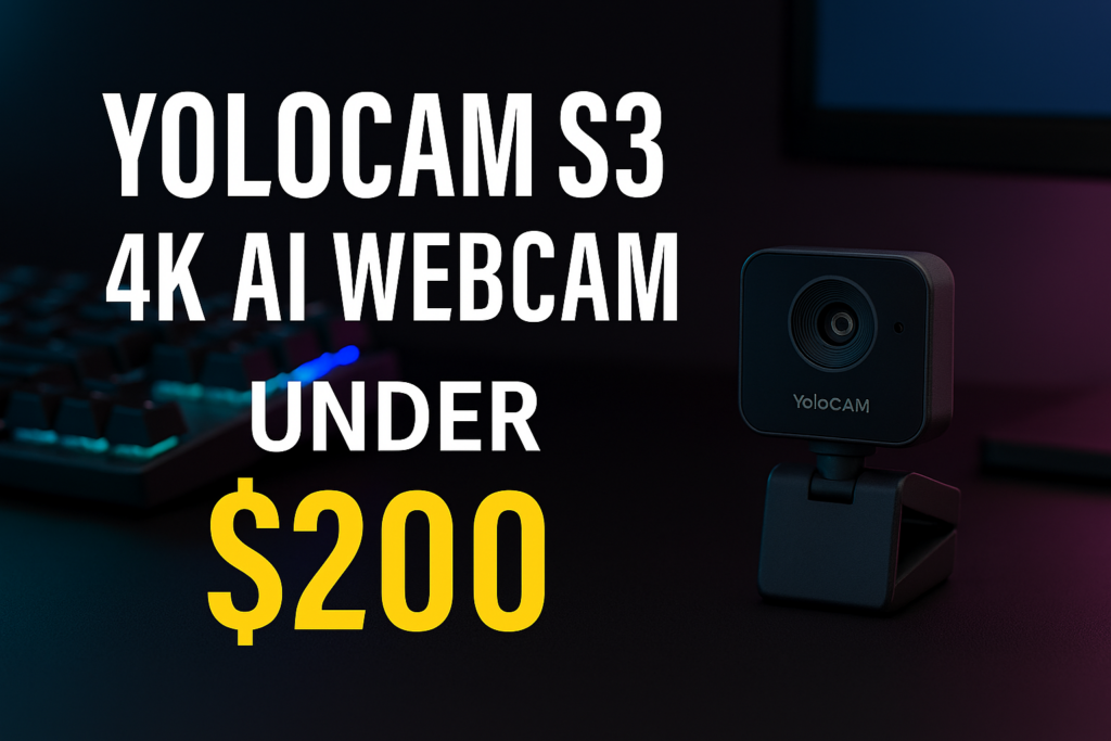 YoloCam S3 4K AI webcam on magnetic base displayed on a desk with RGB lighting.