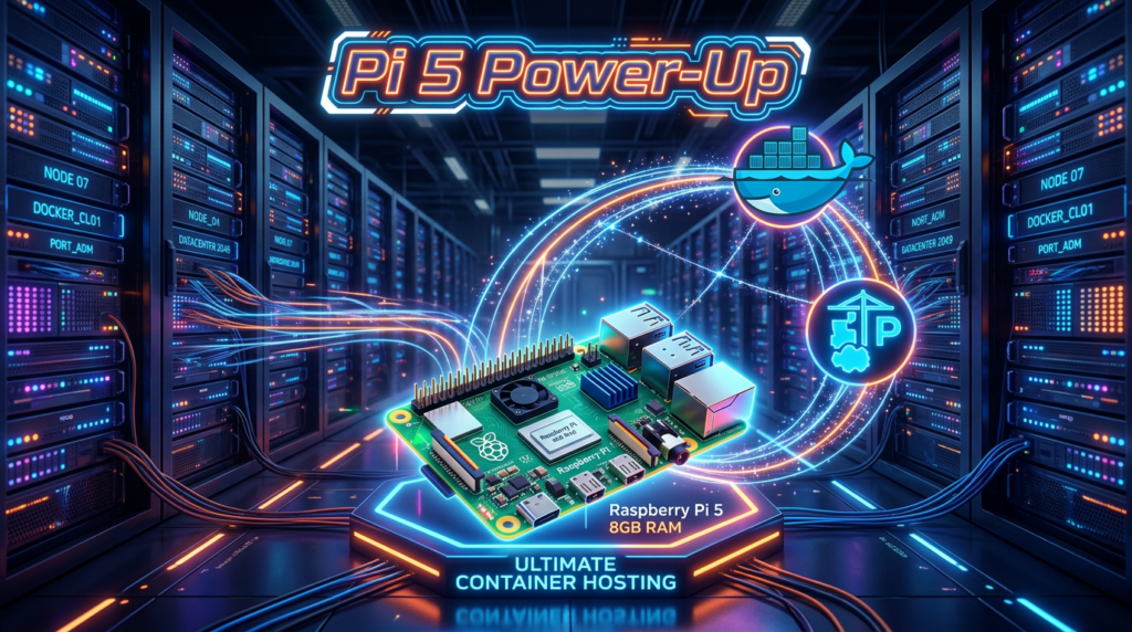 Install Docker and Portainer on Raspberry Pi: Full Guide Raspberry Pi 5 with Docker and Portainer icons in a futuristic homelab server illustration