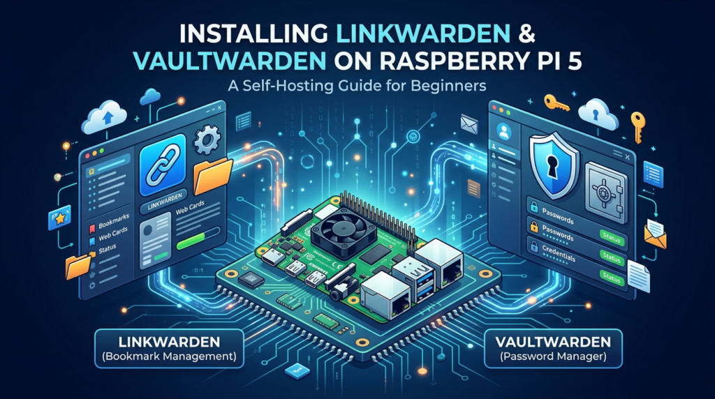 Raspberry Pi with Linkwarden and Vaultwarden logos.