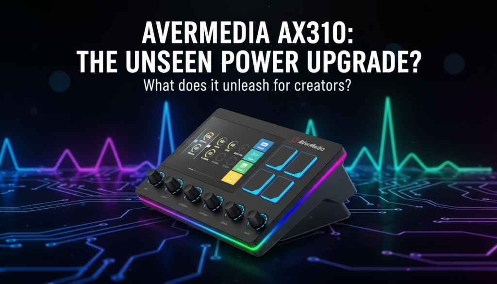 AVerMedia Live Streamer AX310 audio mixer with dual PC setup and RGB lights.