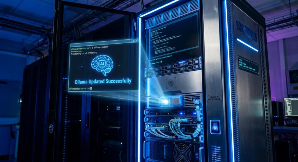 A modern server rack with a holographic terminal displaying "Ollama Updated Successfully" and an AI icon, symbolizing a successful local AI model server upgrade.