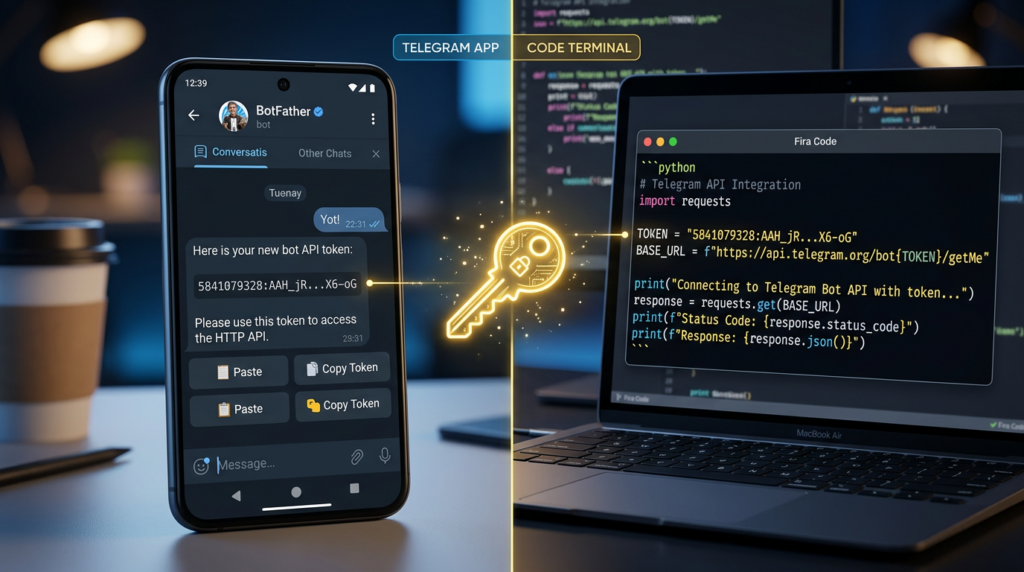Visual representation of connecting a Telegram bot API key to a server.
