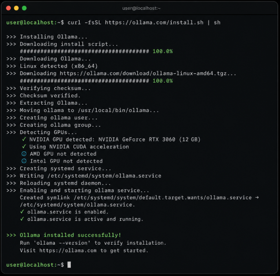 A terminal window showing the output of the Ollama installation script running via curl, indicating download progress and successful service setup.
