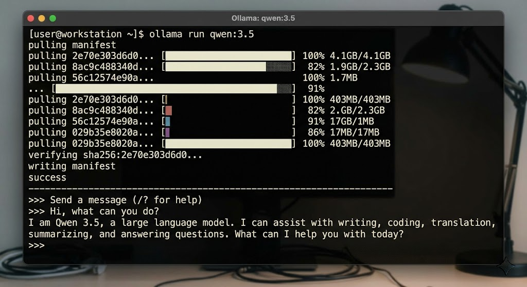 A terminal window showing the `ollama run qwen:3.5` command, followed by the model downloading progress and then an active Ollama prompt, signifying a successful new AI model run.