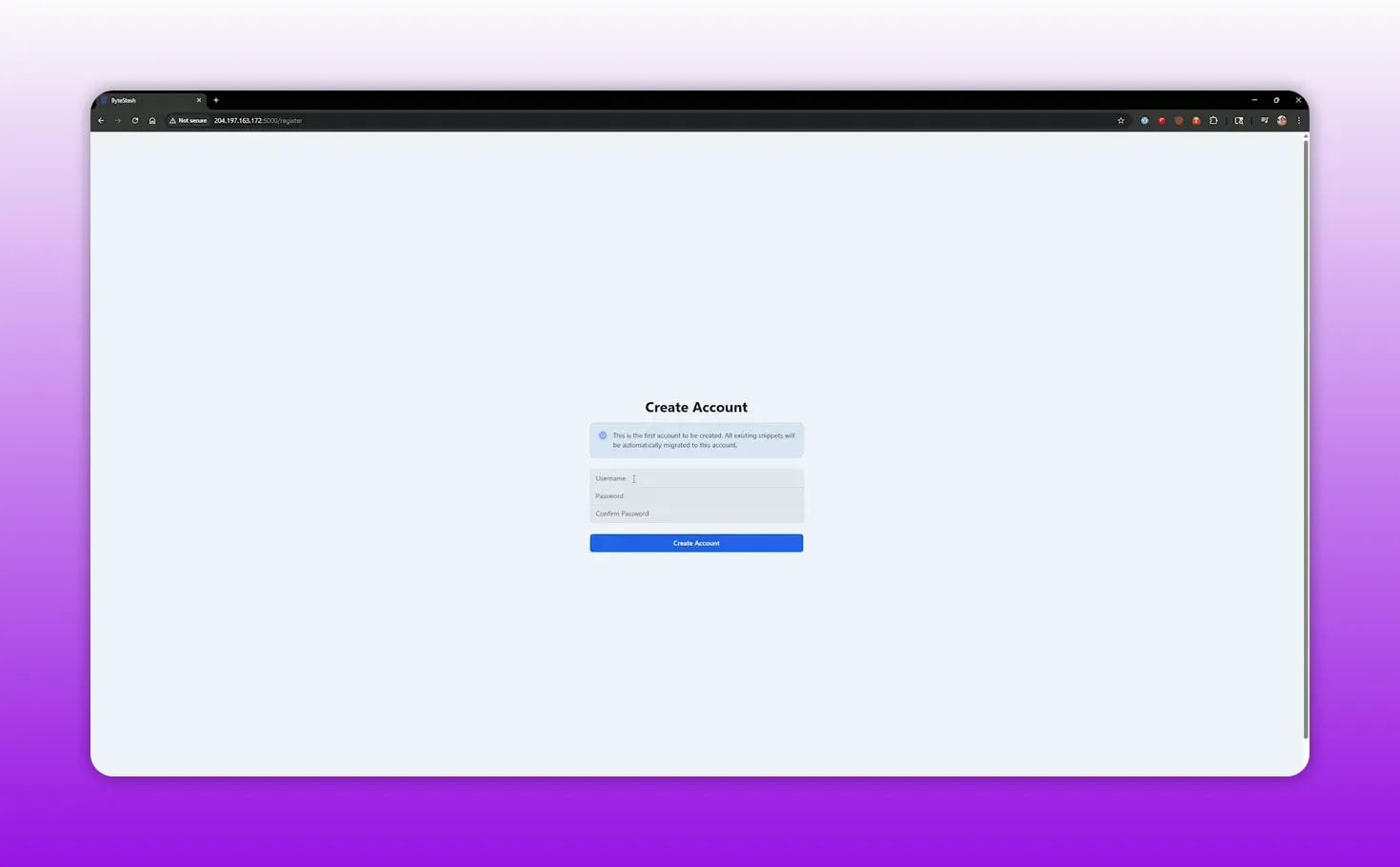 Bytestash create account screen with username and password fields