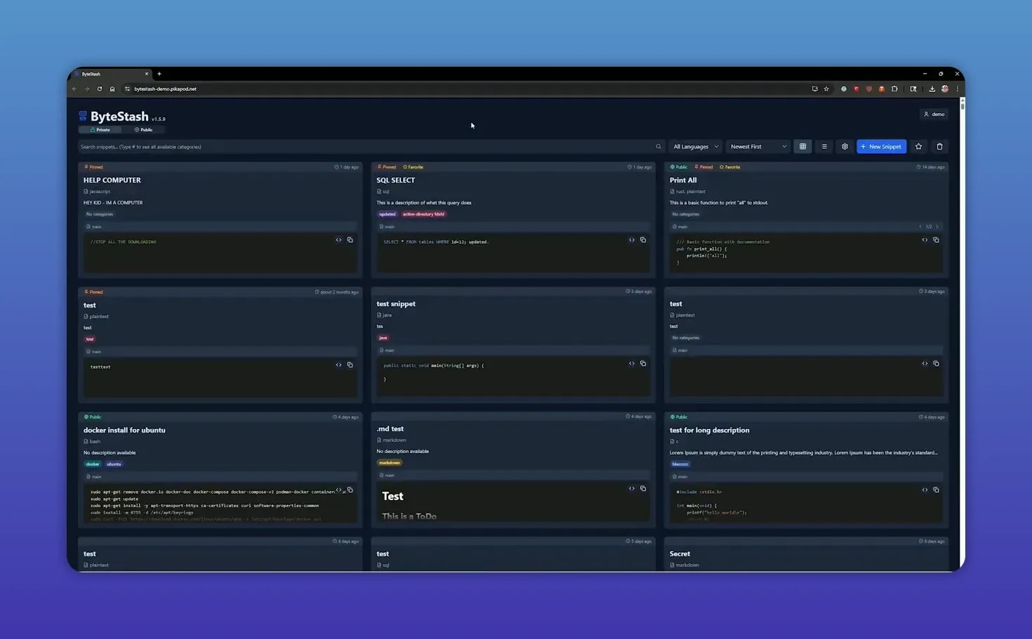 Bytestash dashboard in dark mode with snippet cards arranged in a grid