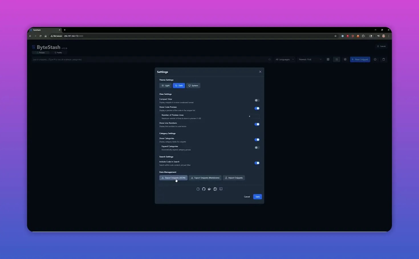 Bytestash settings modal in dark mode showing display and search options