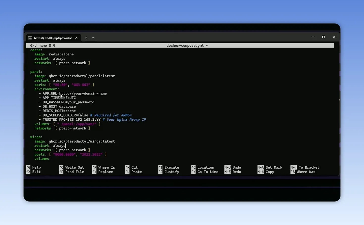 Terminal window showing a docker compose yaml file with panel and database settings