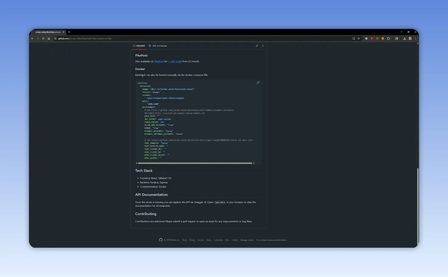 GitHub page showing a docker compose example block and environment variable notes