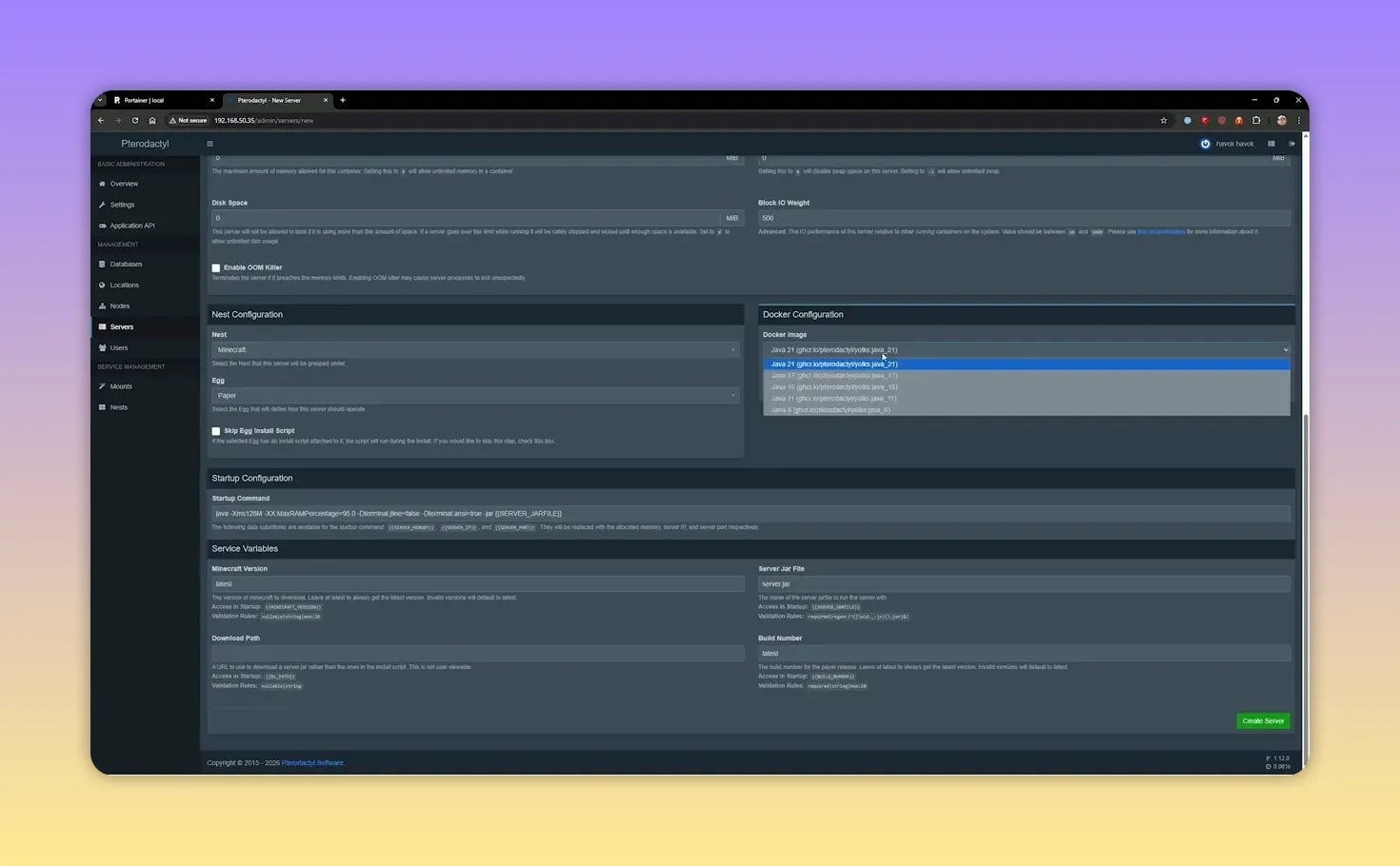 Pterodactyl server creation form with docker image dropdown open for Java version selection