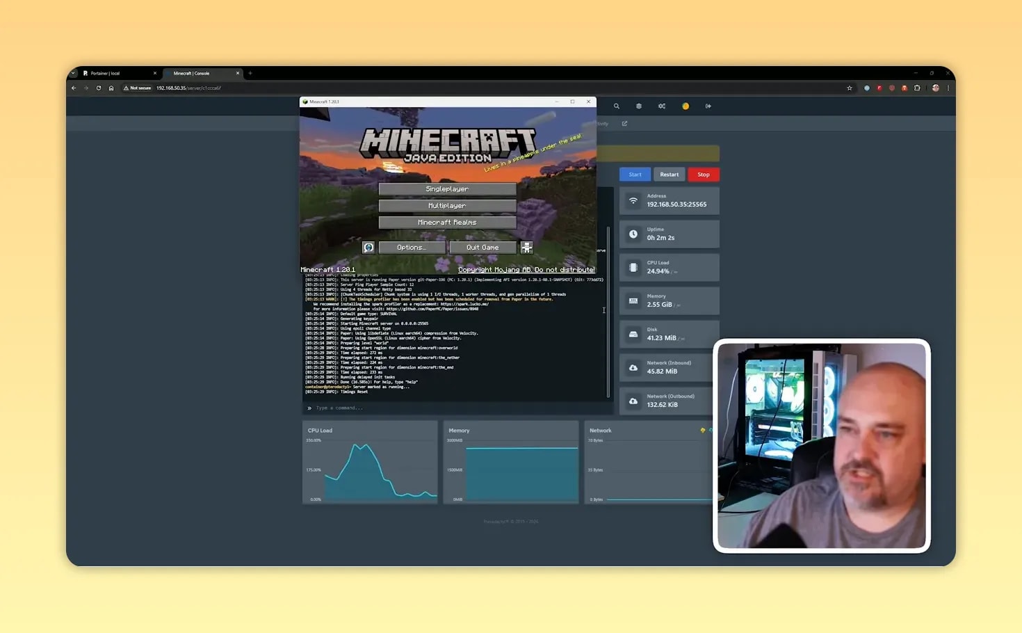 Minecraft connection dialog over the Pterodactyl server console interface