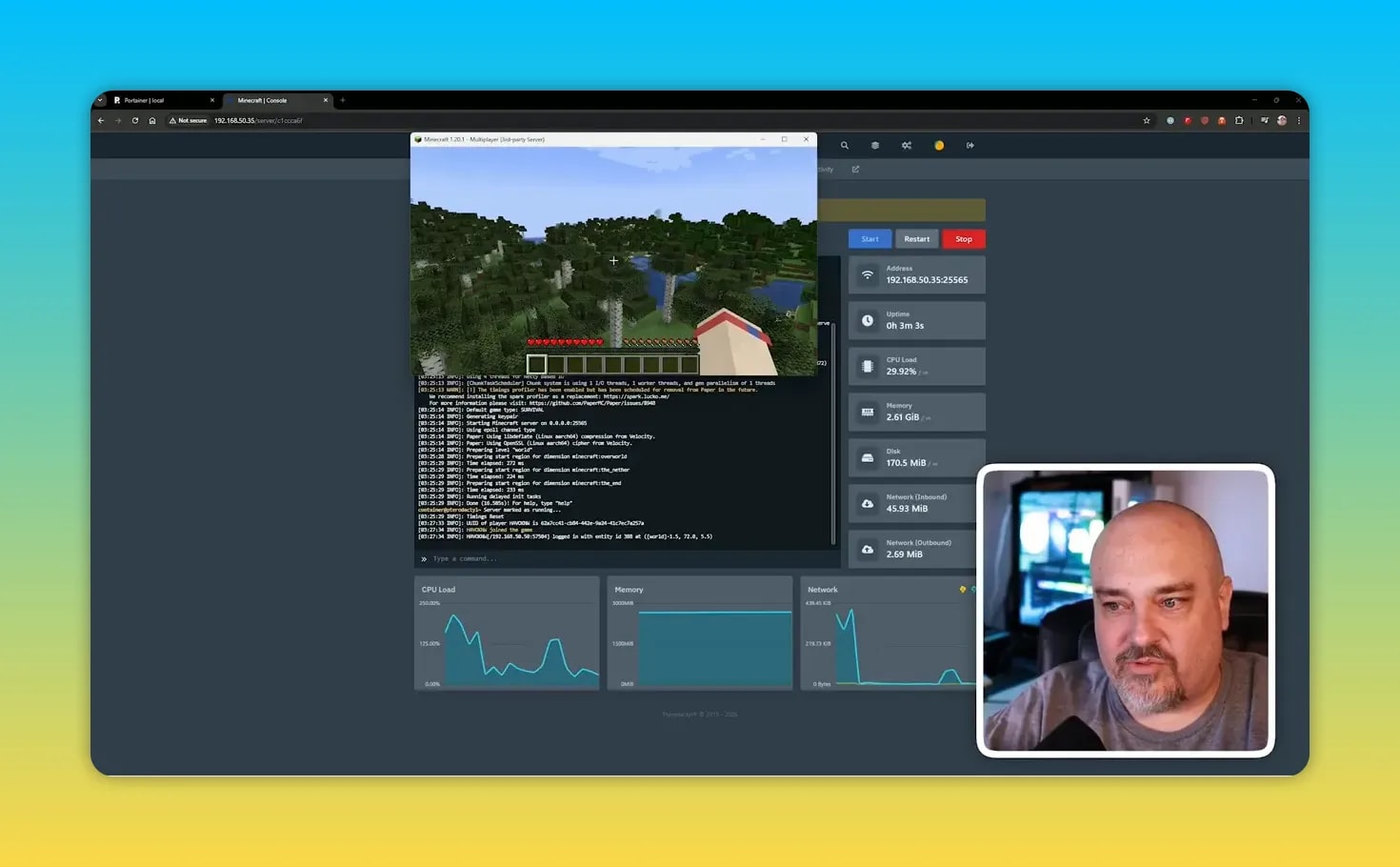 Minecraft gameplay window connected to the server with Pterodactyl console and resource graphs visible behind it