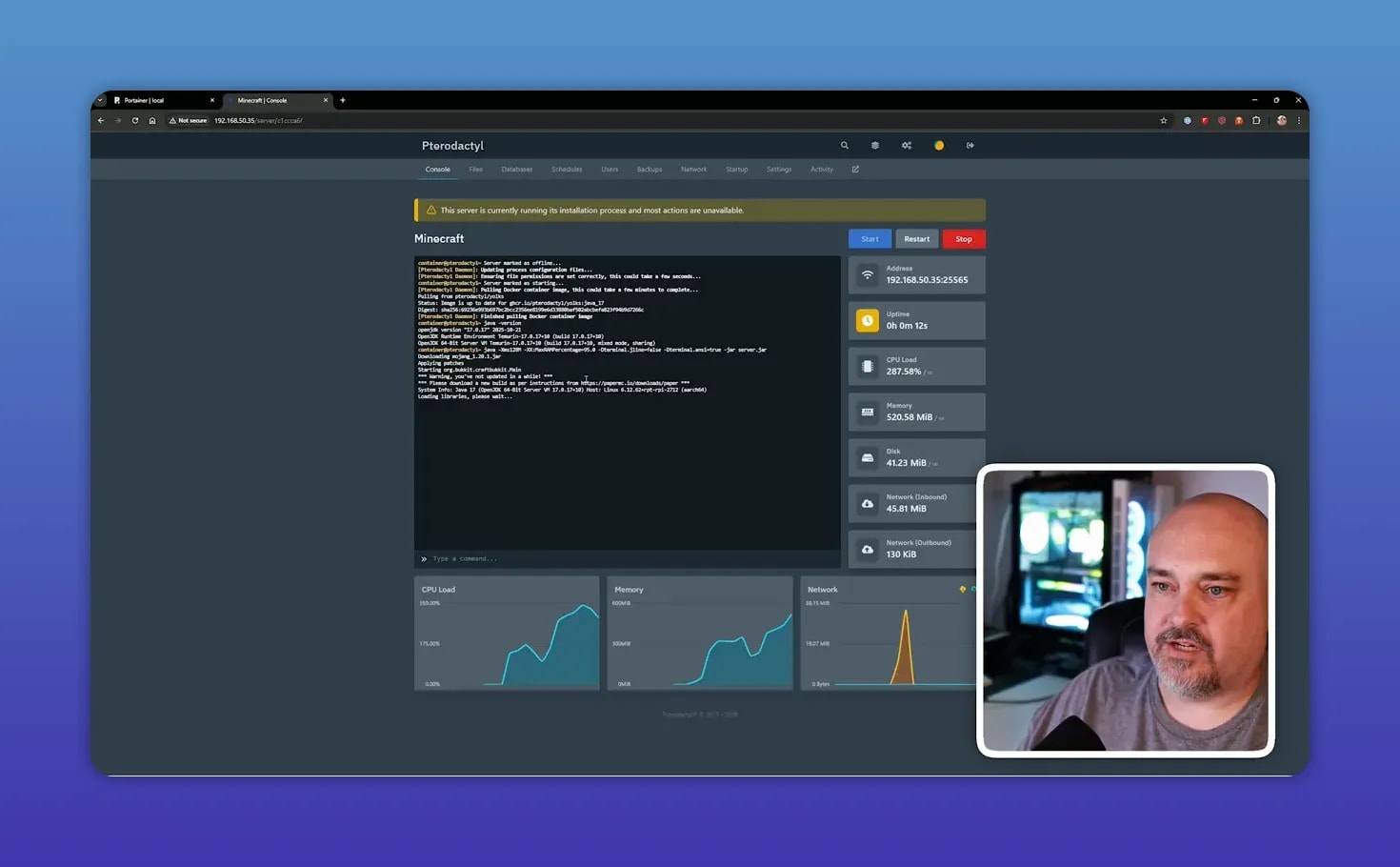 Pterodactyl server console showing Minecraft startup logs with cpu memory and network graphs