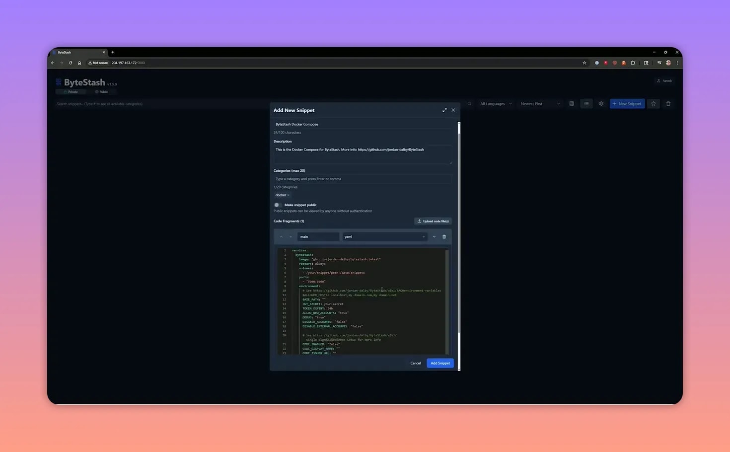 New snippet form in Bytestash with YAML selected and a docker compose snippet pasted into the code area