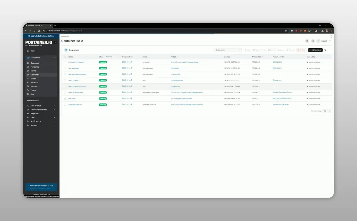 Portainer containers page showing a running Bytestash container in the list