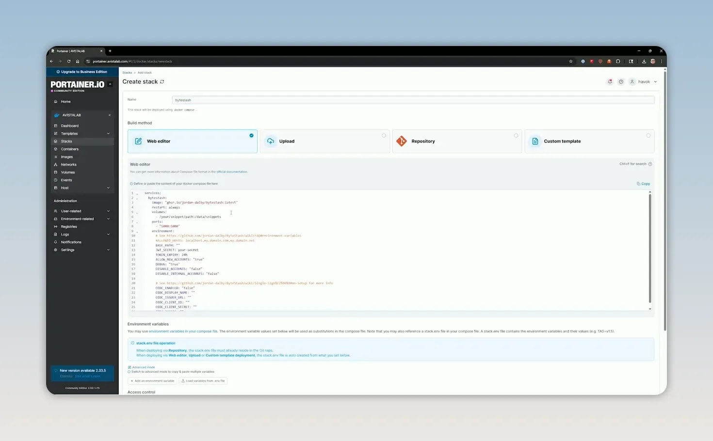 Portainer stack editor with docker compose YAML pasted into the web editor