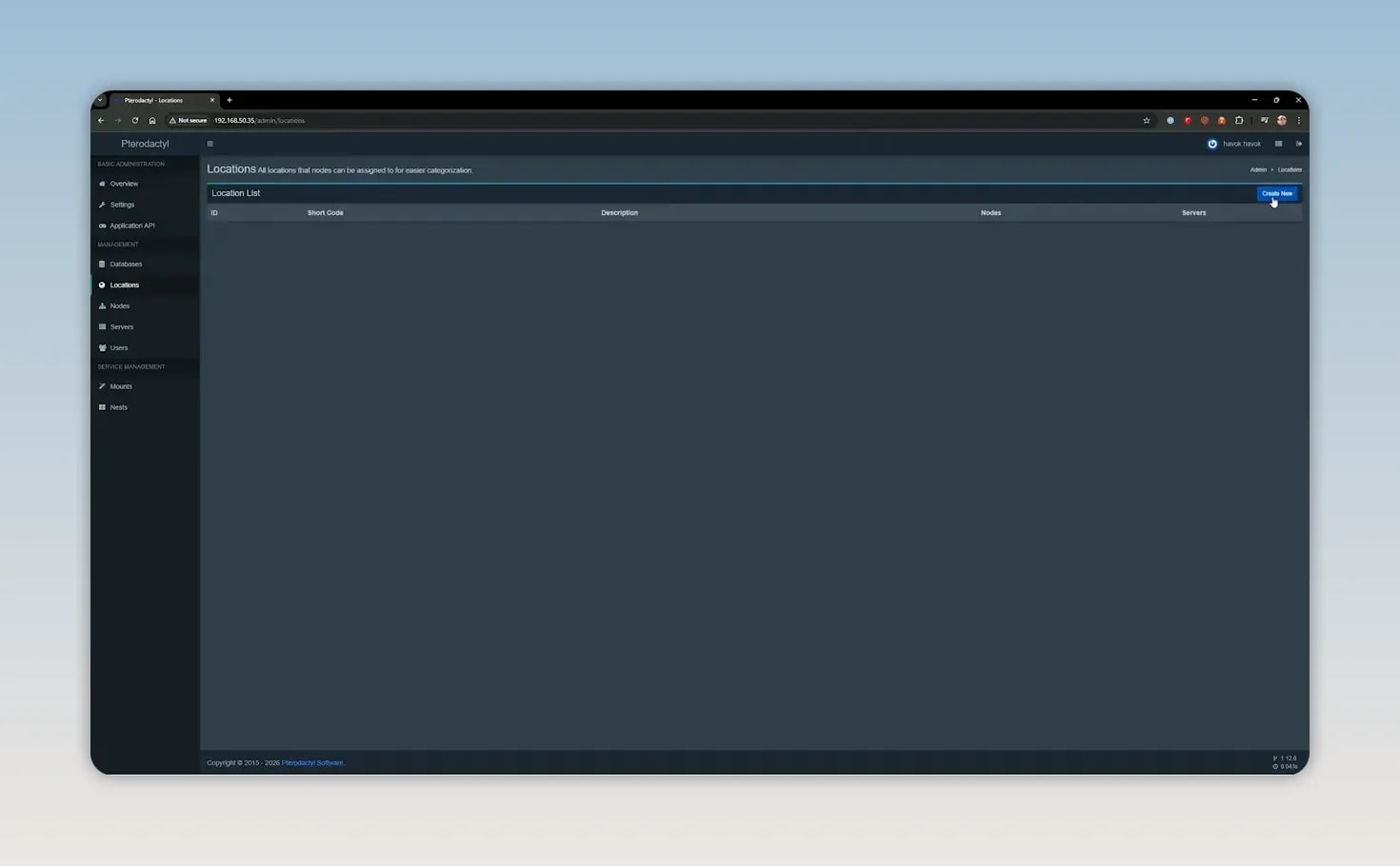 Pterodactyl admin panel showing a create location modal dialog