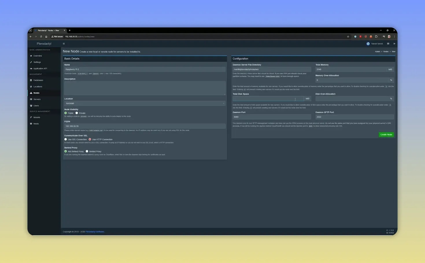 Pterodactyl node creation form with fields for name memory disk and connection settings