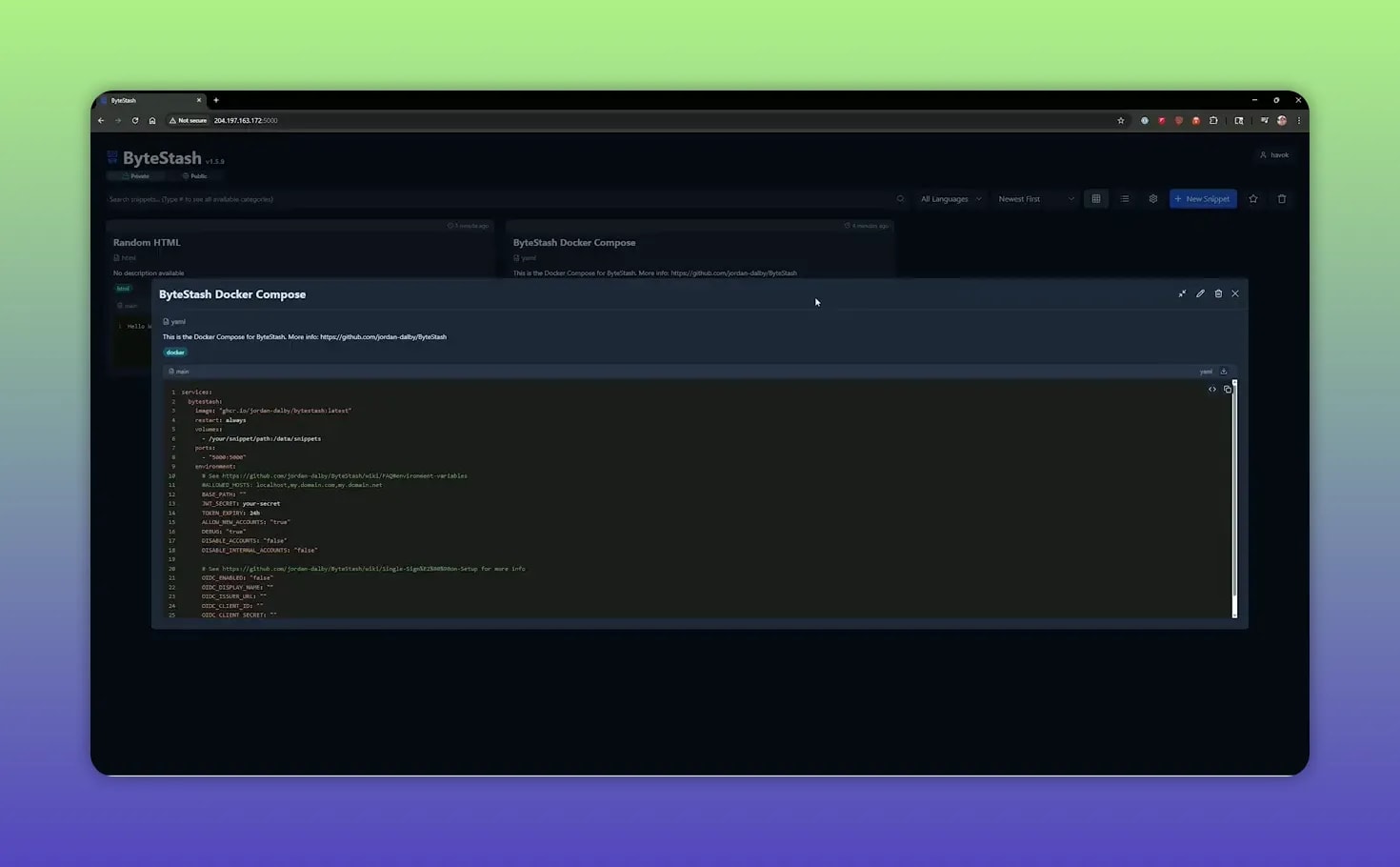 Bytestash snippet detail modal showing a highlighted YAML code block