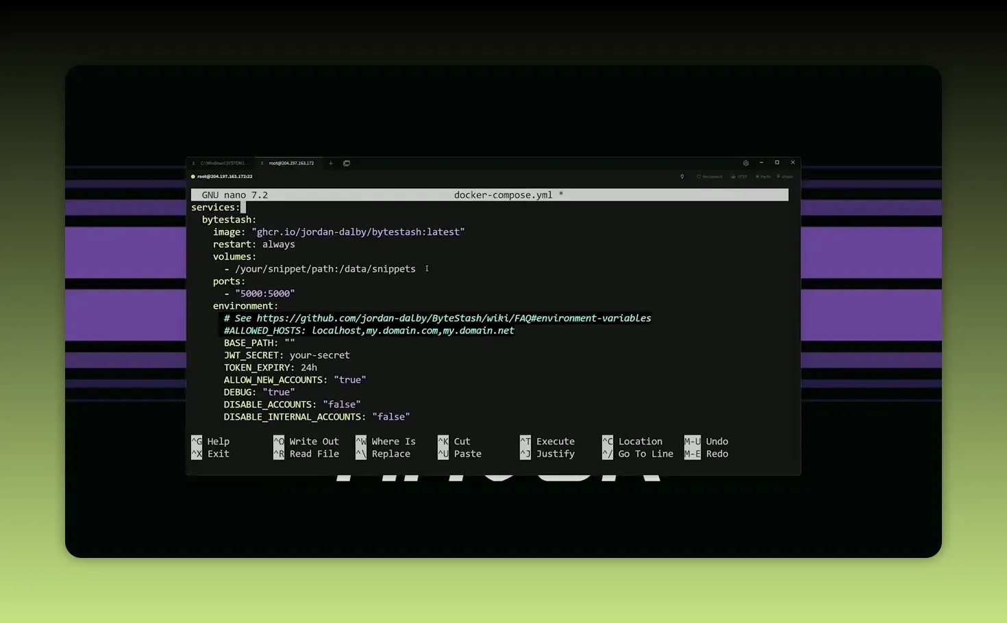 Terminal window with docker compose YAML open in a text editor