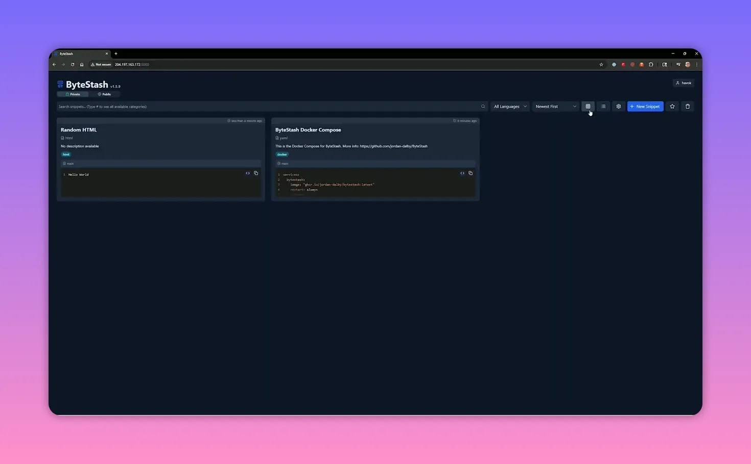 Bytestash dashboard in tile view showing two snippet cards side by side